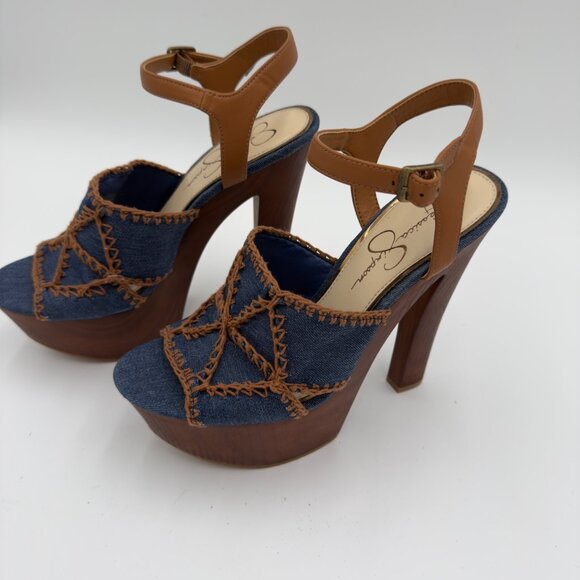 Jessica Simpson Dezzie Mega Wood Platform Sandals Blue Denim JS-DEZZIE Size 9M - Picture 3 of 11